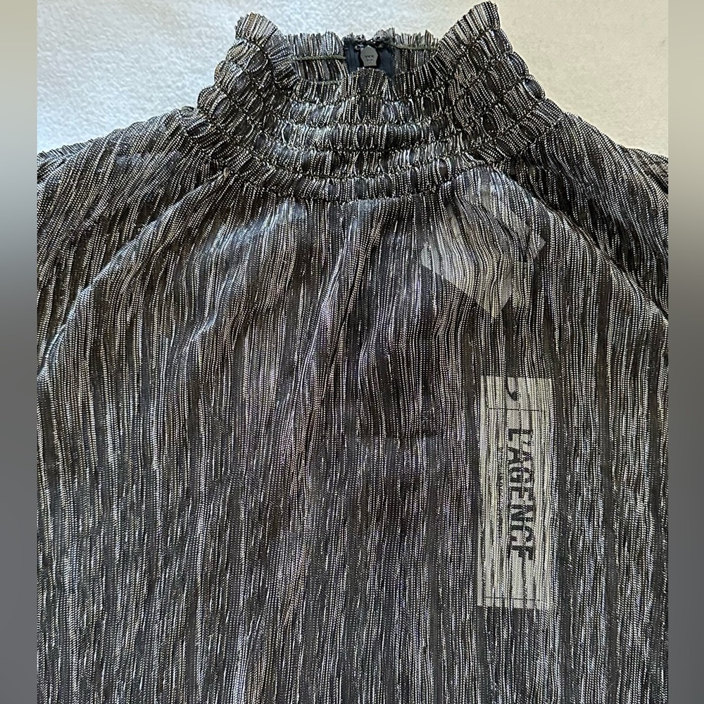 L’agence sheer black/gold/metallic mock neck blouse size small